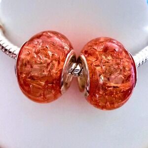 Pandora-like Orange Crackle Bead Charm Fits Snake Chain Bracelet